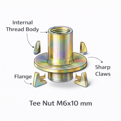 Hình minh họa cấu tạo tán chấu thép mạ kẽm 7 màu M6x10 mm gồm thân ren trong, mặt bích và các chấu bám sắc, giúp tạo ren âm chắc chắn trên gỗ, MDF, ván ép và vật liệu tấm.