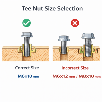 Hình minh họa cách chọn đúng kích thước tán chấu thép mạ kẽm 7 màu M6x10 mm khi lắp trên gỗ, giúp ren ăn khớp đúng, bám chắc vào vật liệu và tránh chọn sai size như M6x12 mm hoặc M8x10 mm.