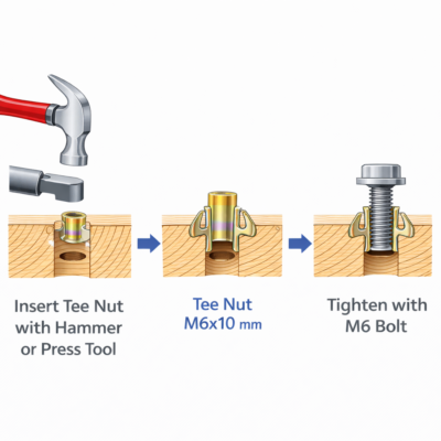 Hình minh họa các bước lắp tán chấu thép mạ kẽm 7 màu M6x10 mm vào gỗ bằng búa hoặc dụng cụ ép, sau đó siết bulong M6 để tạo liên kết ren âm chắc chắn và ổn định.