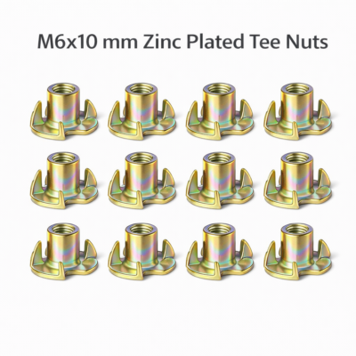Hình ảnh nhiều tán chấu thép mạ kẽm 7 màu M6x10 mm cùng kích thước, phù hợp dùng trong lắp ráp hàng loạt, sản xuất nội thất, gia công gỗ, MDF và các ứng dụng cần tạo ren âm cố định.