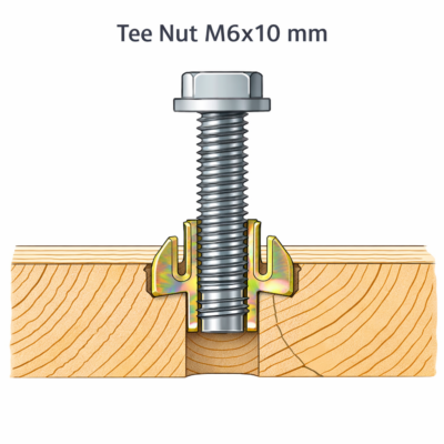 Hình minh họa cách lắp tán chấu thép mạ kẽm 7 màu M6x10 mm vào tấm gỗ, giúp tạo ren âm chắc chắn để bắt bulong từ một phía, tăng độ bám và hạn chế xoay trượt khi siết lắp.