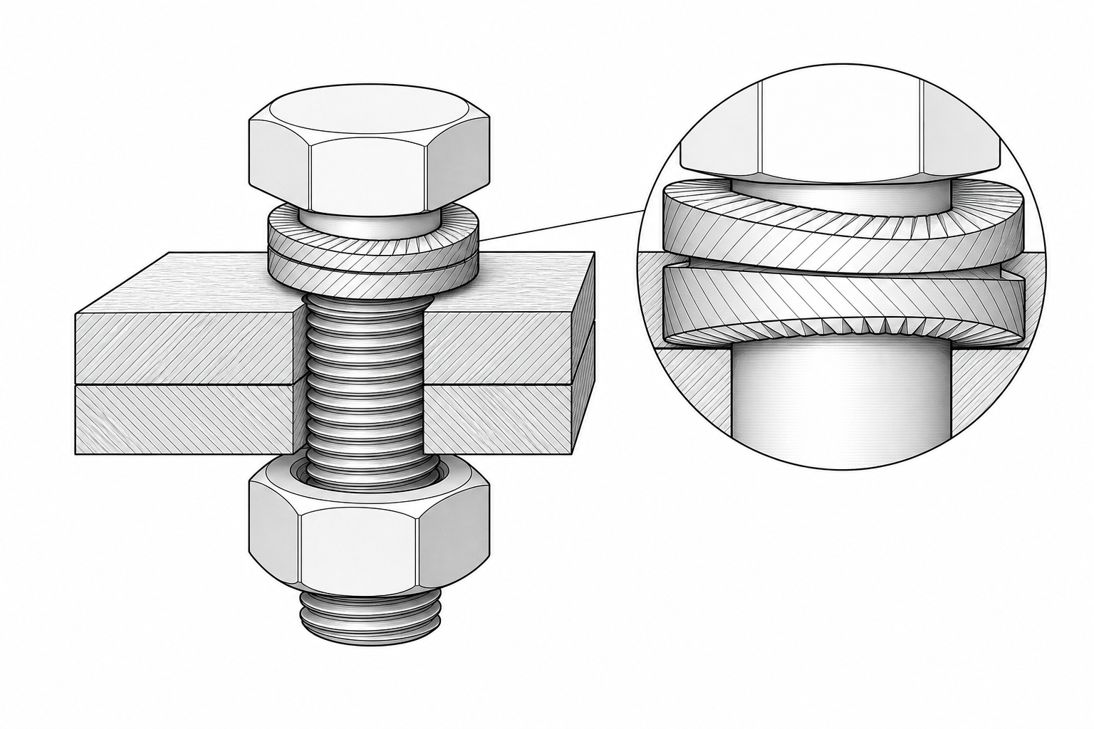 Bản vẽ 3D giới thiệu long đền chống xoay trong mối ghép bulông