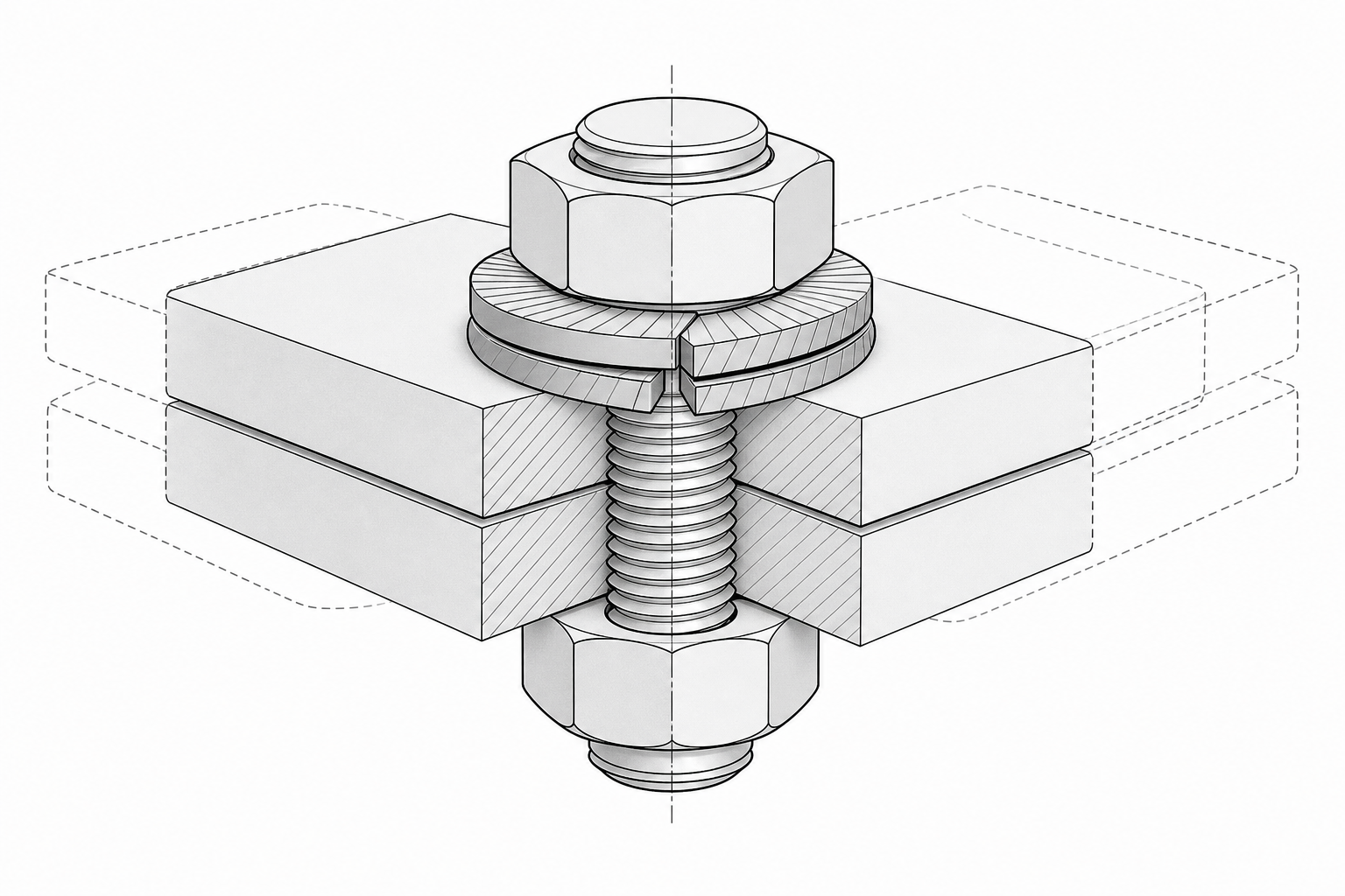 Bản vẽ 3D cơ chế bulông tự nới lỏng dưới tải rung ngang