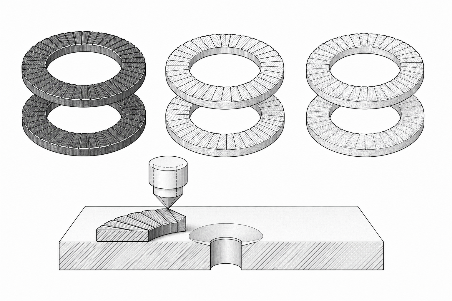 Bản vẽ 3D so sánh vật liệu và kiểm tra độ cứng long đền chống xoay