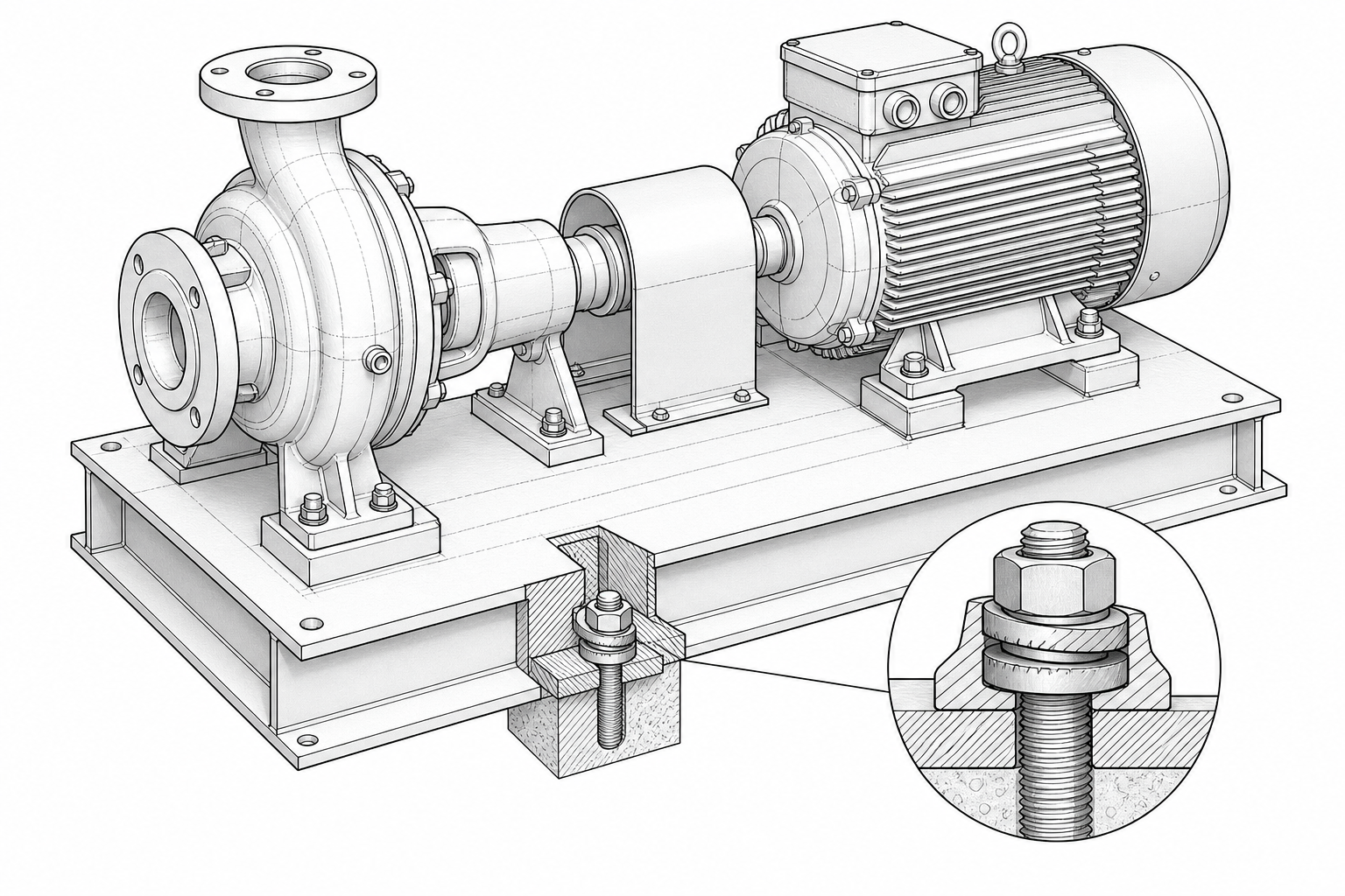 Bản vẽ 3D ứng dụng long đền chống xoay trên bệ bơm và động cơ