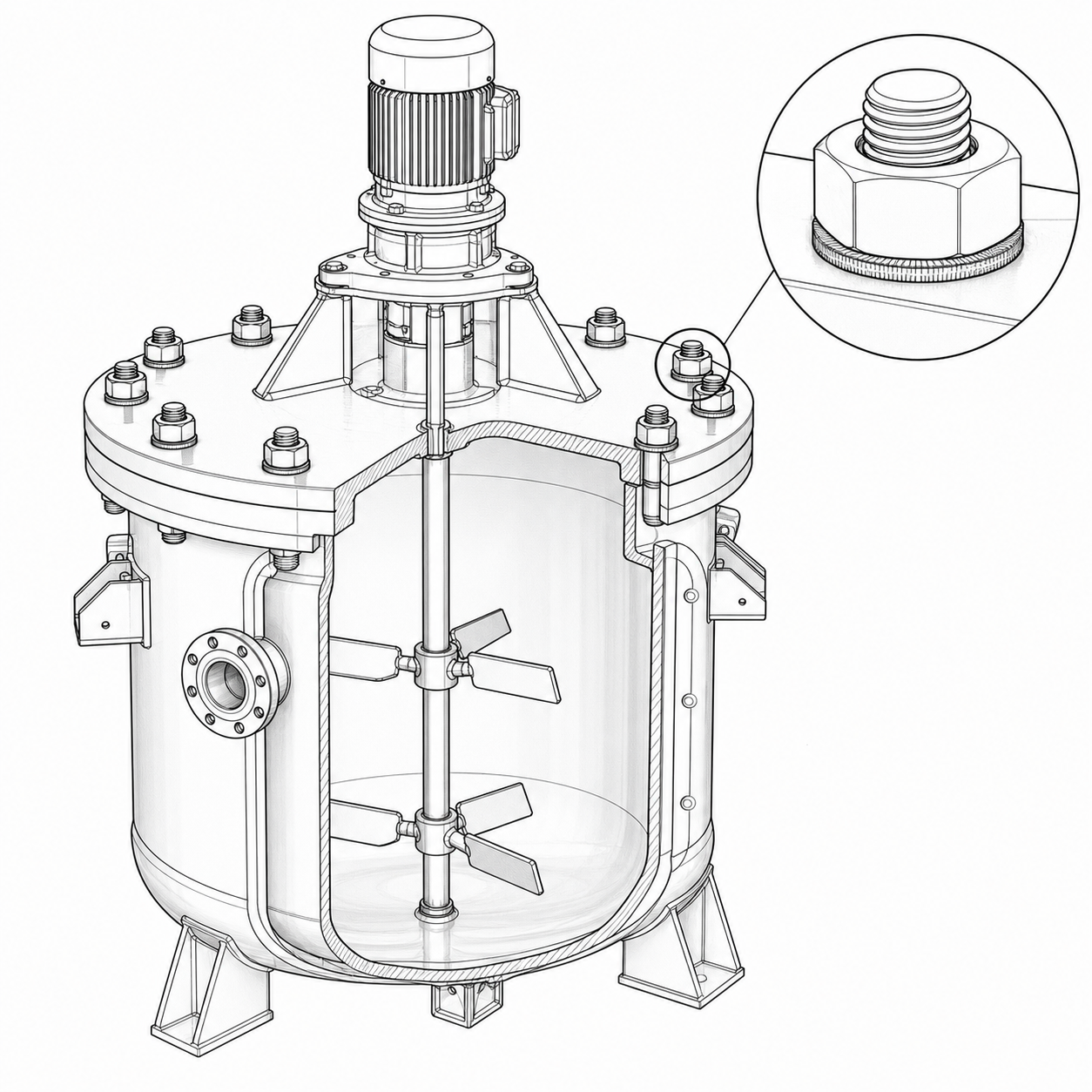 long đền chống xoay Inox 304 M36 ứng dụng tại chân bồn phản ứng inox