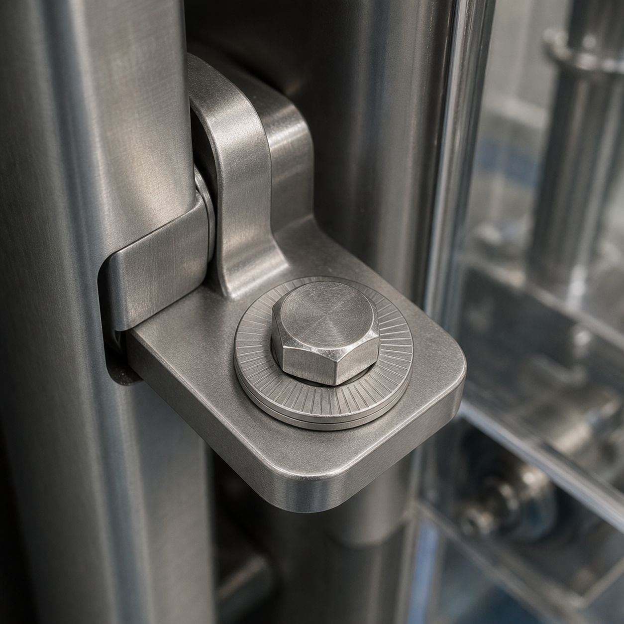 Kiểm soát rung bằng long đền chống xoay Inox 304 M5 tại cửa che máy chiết rót nhỏ