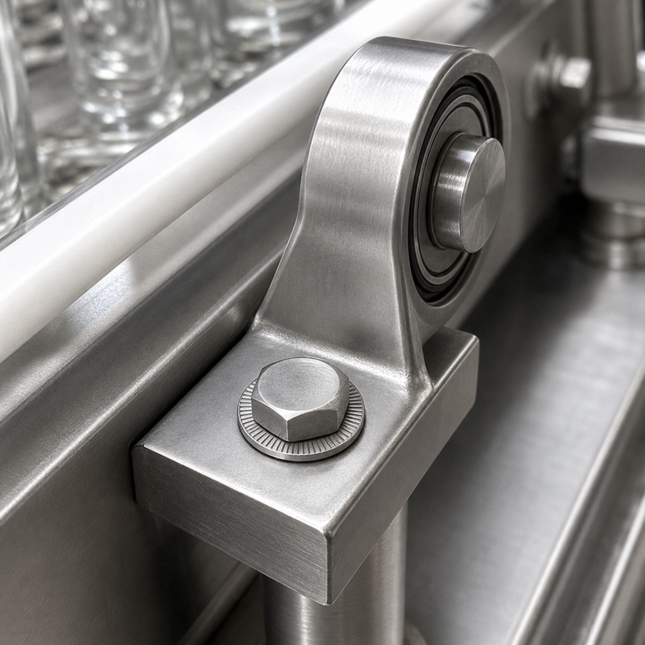 Ứng dụng long đền chống xoay Inox 304 M6 trên gối đỡ con lăn dẫn chai