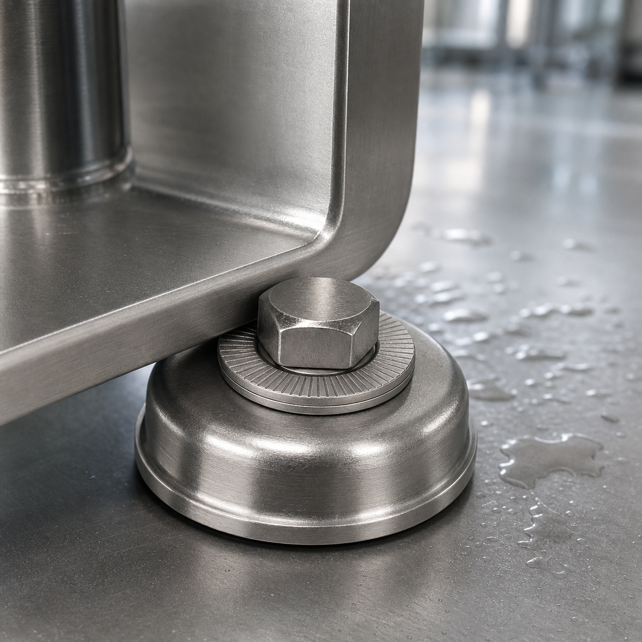long đền chống xoay Inox 304 M8 ứng dụng tại chân máy đóng gói thực phẩm